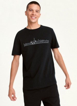 Men's Dkny Cityscape Sketch T Shirts Black | D8750181