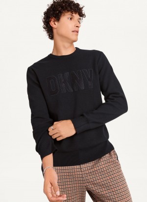 Men's Dkny Faux Leather Applique Crew Sweatshirts Black | I6517686