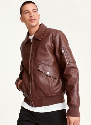 Men's Dkny Faux Soft Lamb Bomber Jackets Burgundy | P5203883
