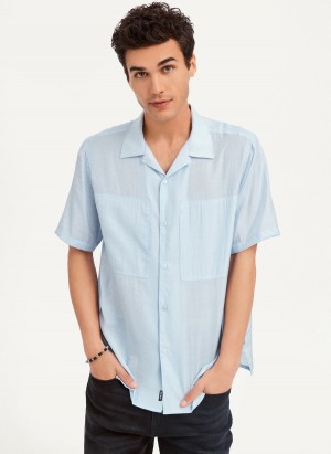 Men's Dkny Imitation Silk Camp Shirts Blue | P9477075