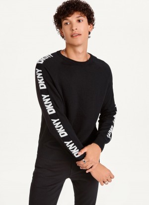 Men's Dkny Knitted Logo Sleeve Tape Crew Sweaters Black | X9602560
