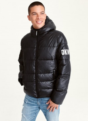 Men's Dkny Logo Hoodie Puffer Jacket Black | G1157331