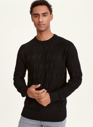 Men's Dkny Long Sleeve Allover Logo Crew Sweatshirts Black | C6041819