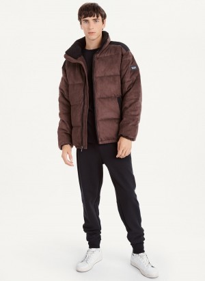 Men's Dkny Long Sleeve Faux Suede Puffer Jacket Chocolate | E3843924