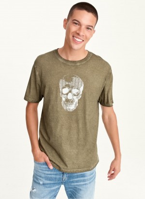 Men's Dkny OUTLINE LOGO SKULL MINERAL WASH T Shirts Olive | W5162757