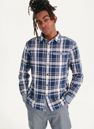 Men's Dkny Plaid Long Sleeve Button Up Shirts Blue | V2746365
