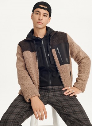 Men's Dkny Sherpa Full Zip Jackets Brown | A2653736