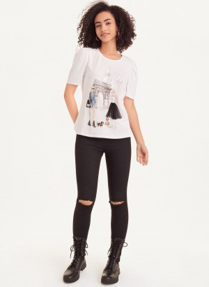 Women's Dkny Conversational Puff Sleeve T Shirts White | V6904349