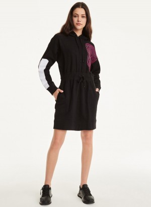 Women's Dkny Cotton French Terry Hoodie Dress Black | N8776396