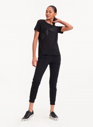 Women's Dkny Diagonal Rhinestone Logo T Shirts Black | D8905018