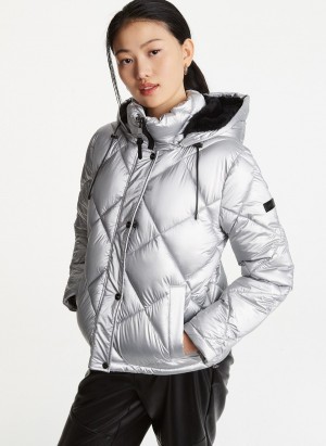 Women's Dkny Diamond Quilted Short Puffer Jacket Silver | I3463833
