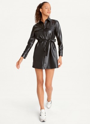 Women's Dkny Faux Leather Dress Black | H5557306