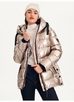 Women's Dkny Glossy Mid Length With Envelope Pockets Puffer Jacket Gold | Y1949962