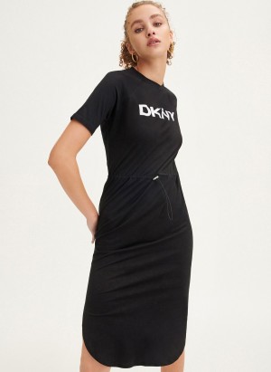 Women's Dkny Logo Drawstring Waist Dress Black | P1960336