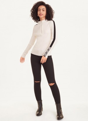 Women's Dkny Long Sleeve Half Zip Logo Tape Sweaters White | Q7213165