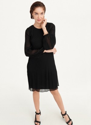 Women's Dkny Long Sleeve Pleated A Line Dress Black | M5206921