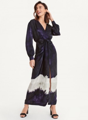 Women's Dkny Long Sleeve Print V Neck Maxi Dress Black | G9440054