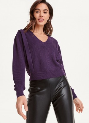 Women's Dkny Long Sleeve V-Neck Flange Sweaters Purple | E2374246