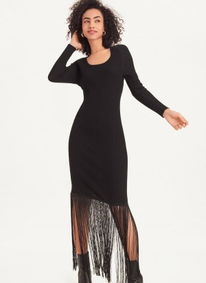 Women's Dkny Maxi Fringe Dress Black | C5721008