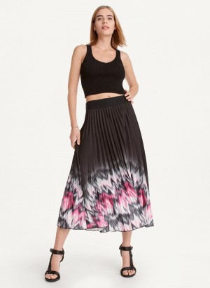 Women's Dkny Printed Pleated Midi Skirts Black | Z2102454