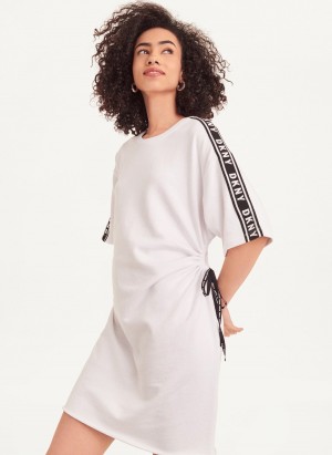 Women's Dkny Short Sleeve Cotton French Terry with Logo Tape Dress White | X7352960