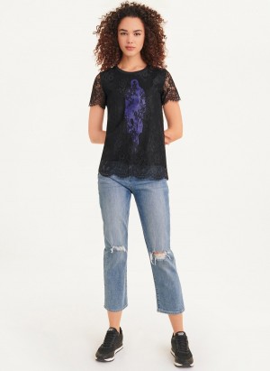 Women's Dkny Short Sleeve Lace Overlay With Fashion Girl Graphic T Shirts Black | M0739378