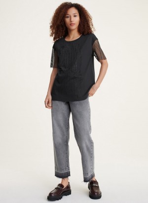 Women's Dkny Short Sleeve Logo Drip With Crystal Mesh Sleeves T Shirts Black | C2860030