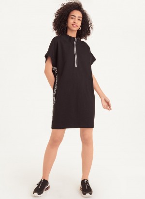 Women's Dkny Sleeveless Cotton French Terry with Logo Tape Dress Black | V5535291