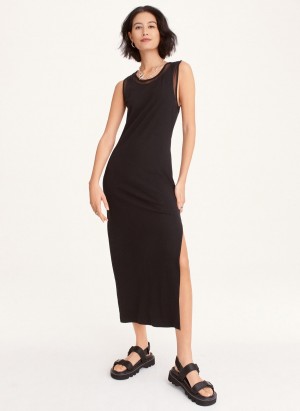 Women's Dkny Sleeveless Mix Media Mesh Midi Dress Black | F4096247