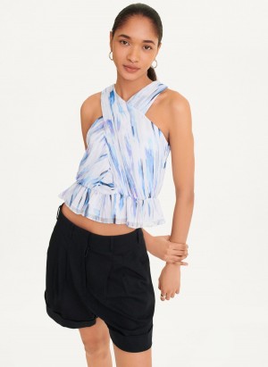 Women's Dkny Sleeveless Printed Chiffon Halter Tank Top White | B9396747