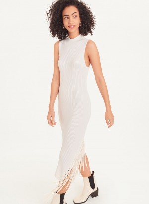 Women's Dkny Sleeveless Rib Asymmetrical Fringe Dress White | C3972522