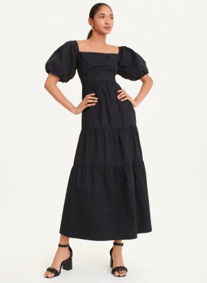 Women's Dkny Square Neck Tiered Poplin Dress Black | M4440266