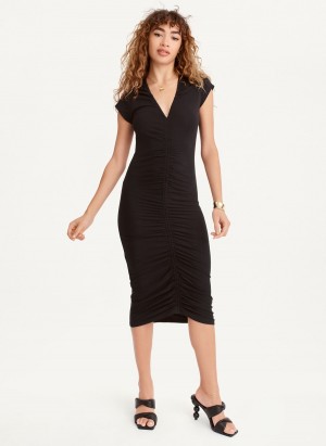 Women's Dkny V-Neck Ruched Midi Dress Black | C5095708