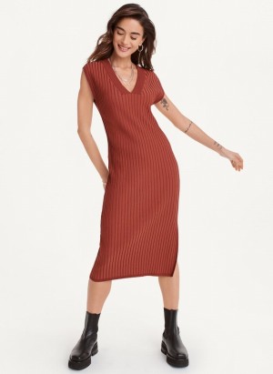 Women's Dkny V-Neck Wide Rib Sweater Dress Red | X8610948