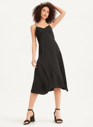 Women's Dkny V-neck Asymmetrical Pleated Dress Black | X1684193