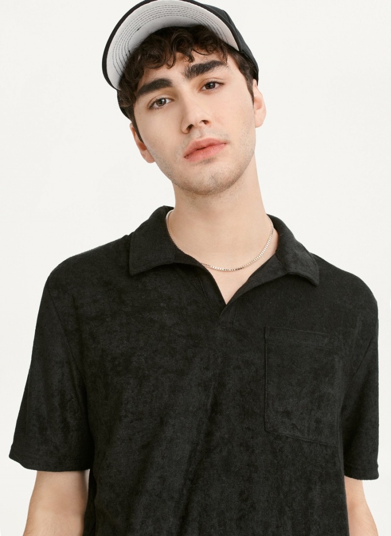 Men's Dkny Blend Toweling Short Sleeve Knit Polo Shirts Black | B2228469