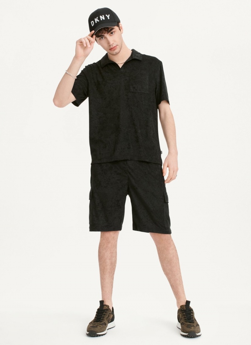Men's Dkny Blend Toweling Short Sleeve Knit Polo Shirts Black | B2228469