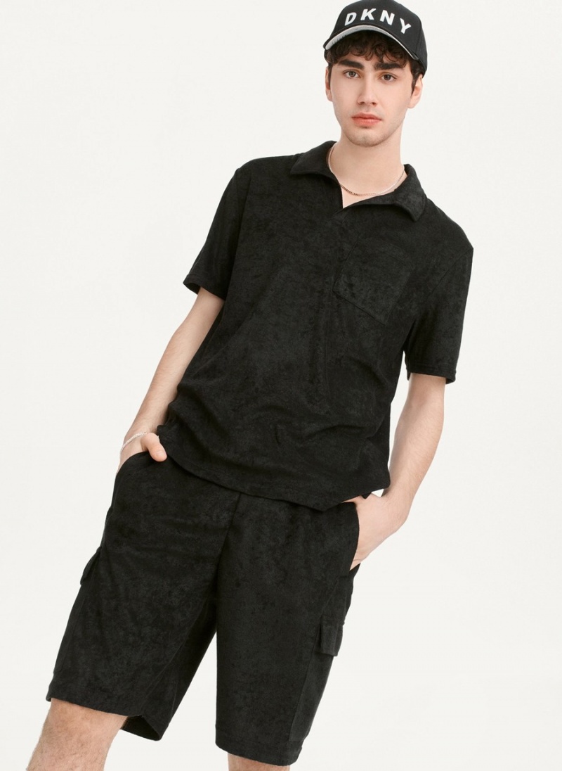 Men\'s Dkny Blend Toweling Short Sleeve Knit Polo Shirts Black | B2228469