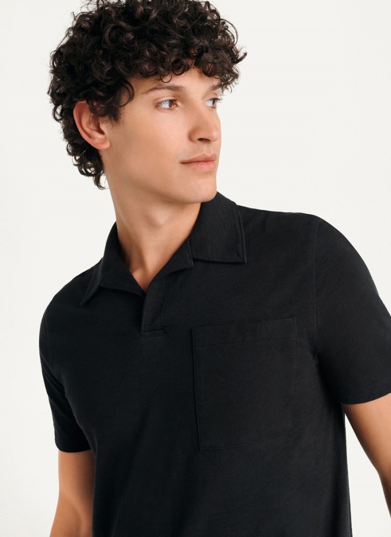 Men's Dkny Cotton Slub Jersey Single Breast Polo Shirts Black | A7476402