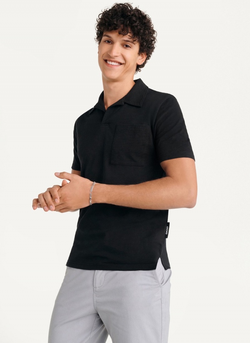 Men's Dkny Cotton Slub Jersey Single Breast Polo Shirts Black | A7476402