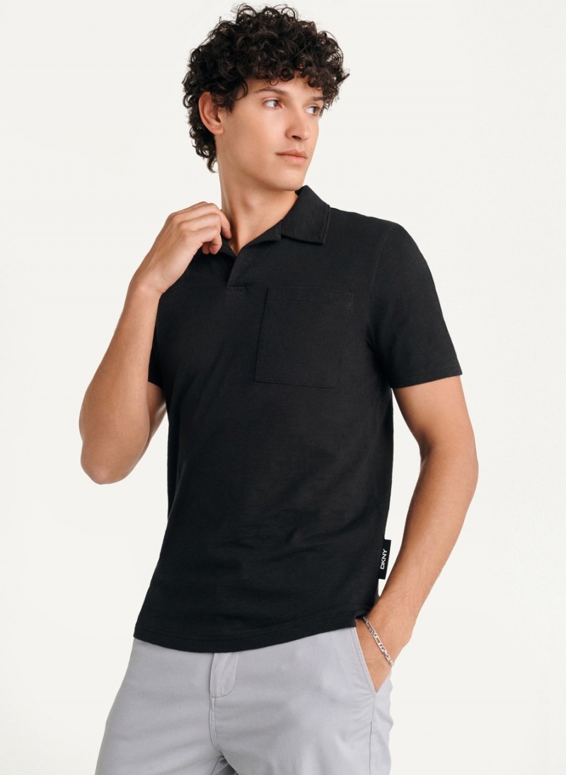 Men\'s Dkny Cotton Slub Jersey Single Breast Polo Shirts Black | A7476402