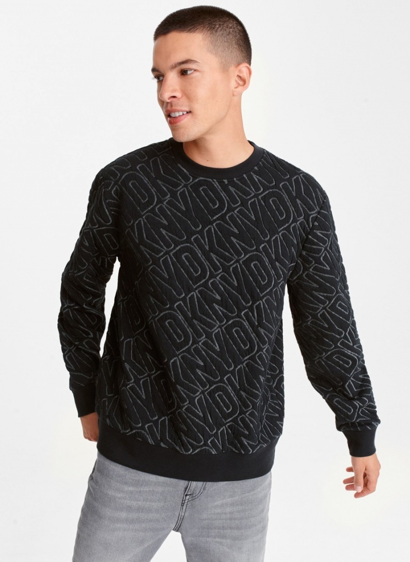 Men\'s Dkny Double Knit Logo Crew Sweaters Black | O0787563