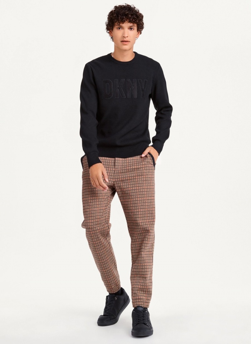 Men's Dkny Faux Leather Applique Crew Sweatshirts Black | I6517686