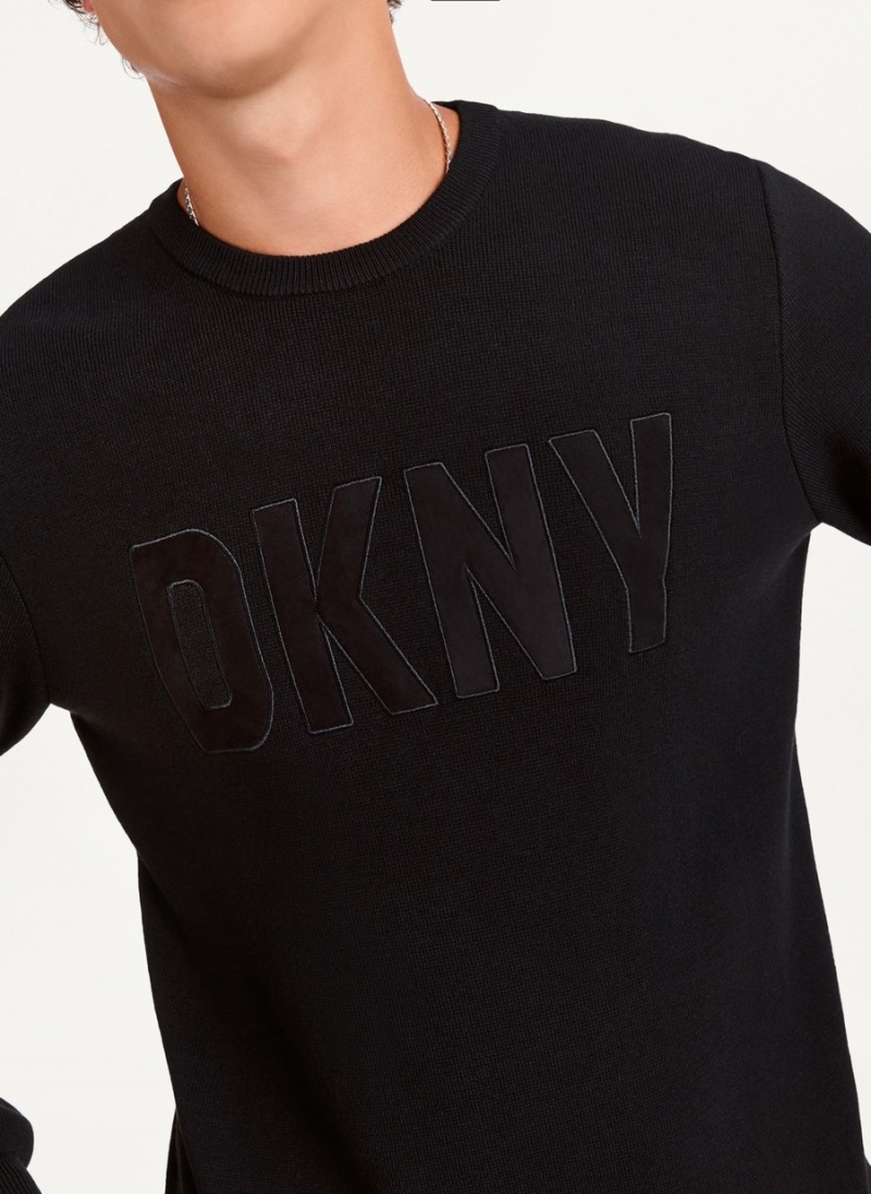 Men's Dkny Faux Leather Applique Crew Sweatshirts Black | I6517686