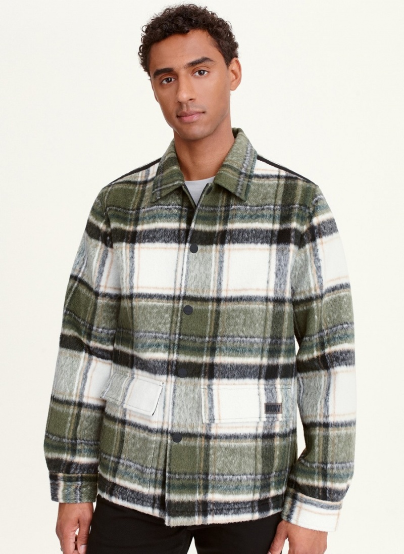 Men\'s Dkny Ivory & Green Plaid Shirt Jackets Green | O8497345