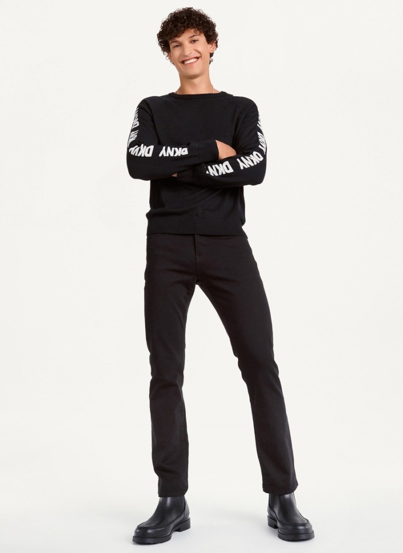 Men's Dkny Knitted Logo Sleeve Tape Crew Sweaters Black | X9602560