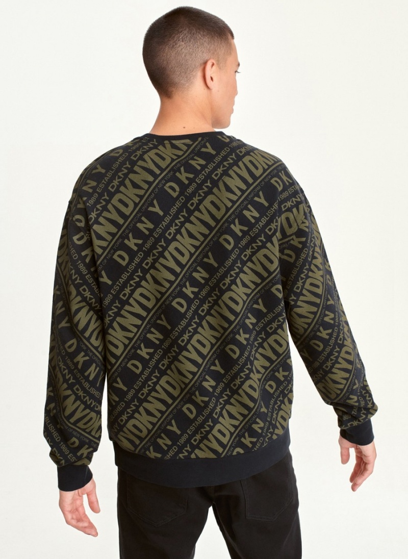 Men's Dkny Long Sleeve Diagonal Logo Print Crew Sweaters Olive | N6971569