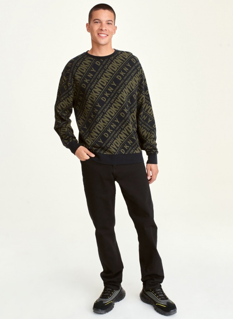 Men's Dkny Long Sleeve Diagonal Logo Print Crew Sweaters Olive | N6971569