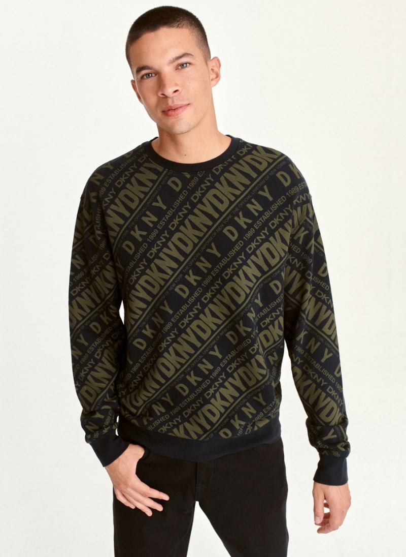 Men\'s Dkny Long Sleeve Diagonal Logo Print Crew Sweaters Olive | N6971569