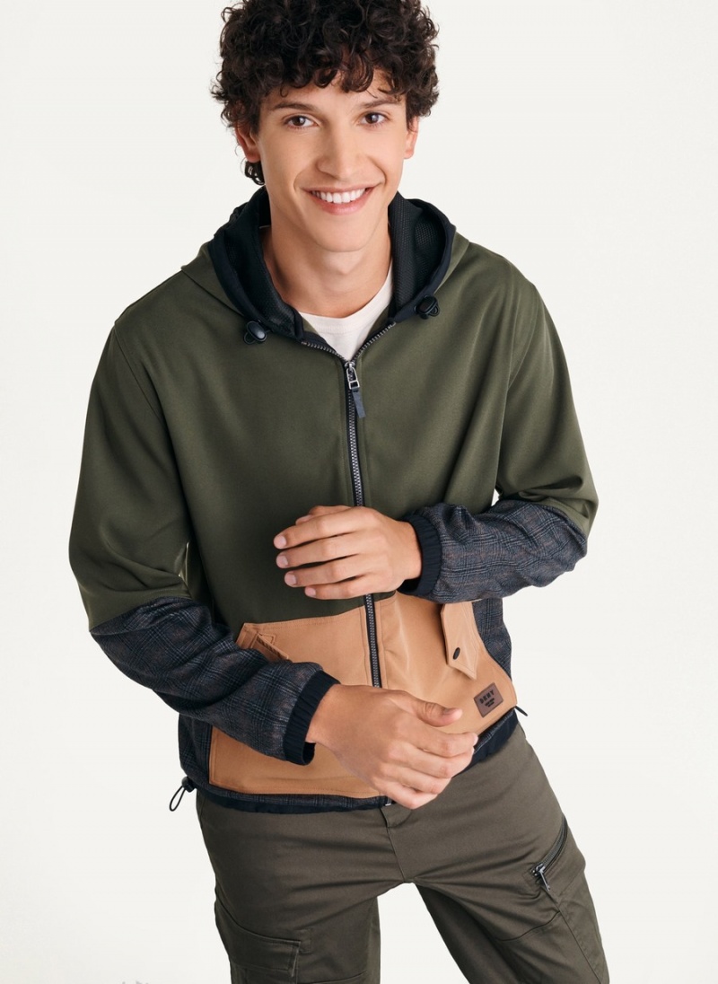 Men\'s Dkny Long Sleeve Mixed Media Hooded Jackets Olive | S8448912